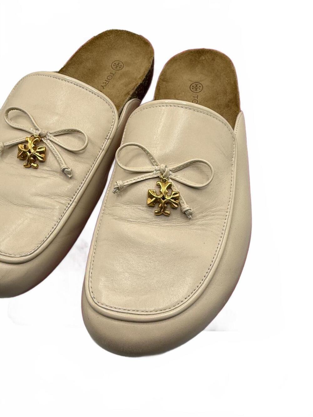 Tory Burch Ivory Leather Slip-On Mules with Gold Bow Accent - Picture 3 of 8